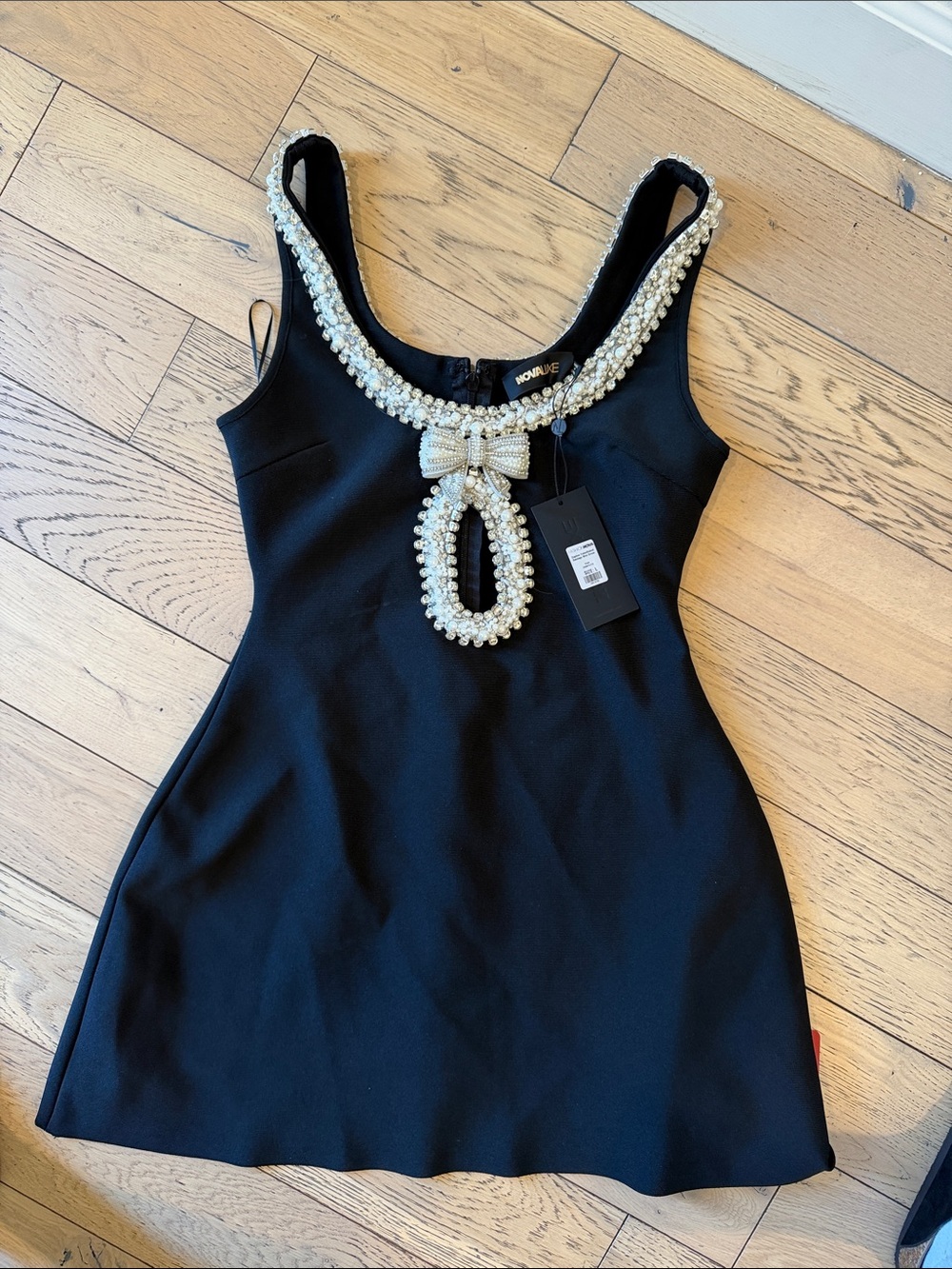 Fashion Nova Black Mini Dress with Pearl Bow Neckline
